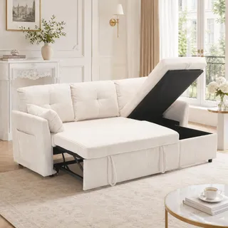Sapgaks Canapé d'angle Convertible avec sièges de Rangement et Poches accoudoirs,Canapé Convertible avec Forme des Rayures,canapé 3 Places,Velours (Beige)