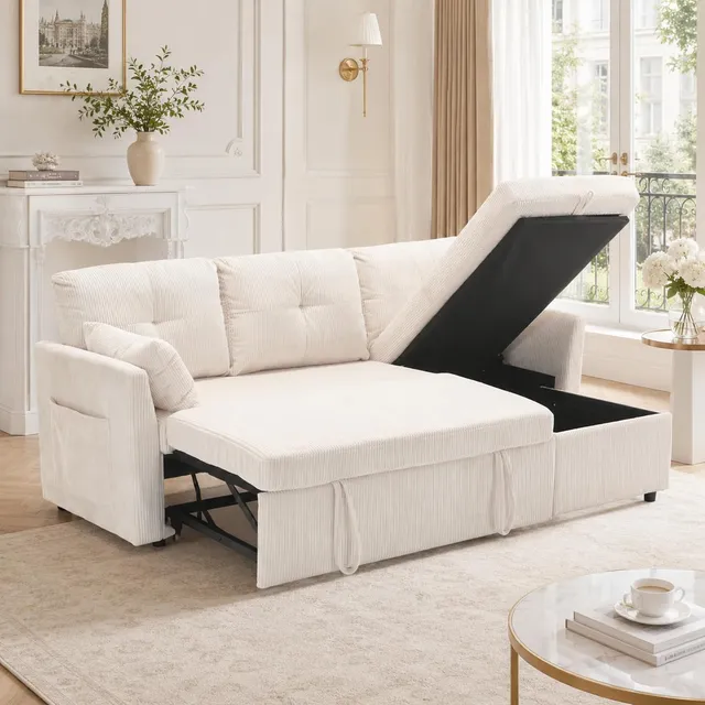 Sapgaks Canapé d'angle Convertible avec sièges de Rangement et Poches accoudoirs,Canapé Convertible avec Forme des Rayures,canapé 3 Places,Velours (Beige)