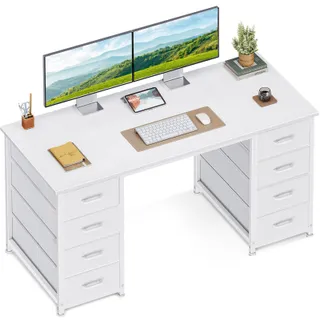 Coleshome Bureau avec 8 Tiroirs en Tissu, 120x48cm Bureau Blanc avec Rangement Table d'ordinateur Robuste, Table Informatique pour Salon Domicile