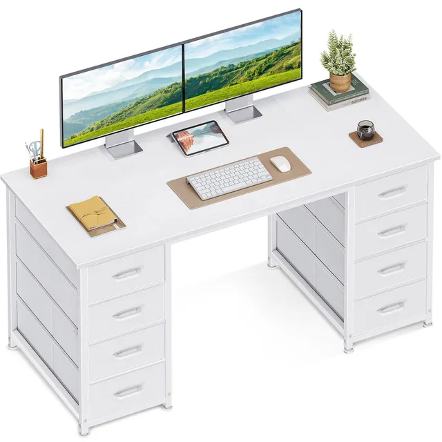 Coleshome Bureau avec 8 Tiroirs en Tissu, 120x48cm Bureau Blanc avec Rangement Table d'ordinateur Robuste, Table Informatique pour Salon Domicile