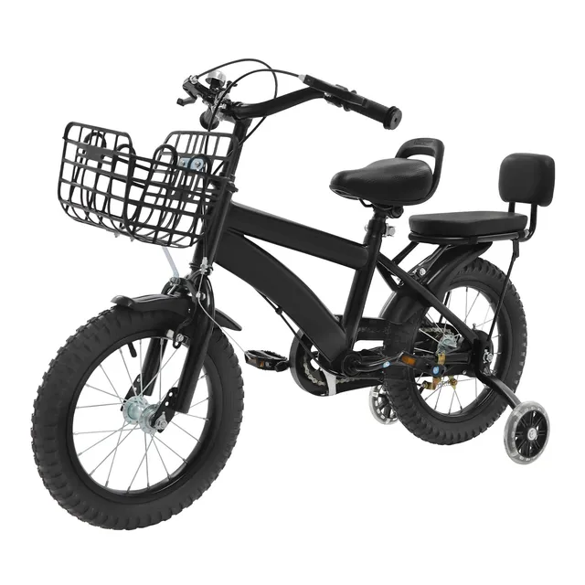 Mqwdxzfes Vélo pour enfant de 14 pouces avec roues stabilisatrices et siège arrière, siège réglable, panier avant, hauteur réglable, vélo débutant pour garçons et filles de 3 à 7 ans (blanc/noir)