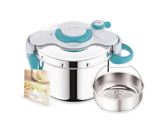 SEB ClipsoMinut' Easy+ 6L, Ouverture facile à une main, Gain de place, Cocotte-minute® induction, Fabriqué en France, Autocuiseur Inox, Bleu P4900716