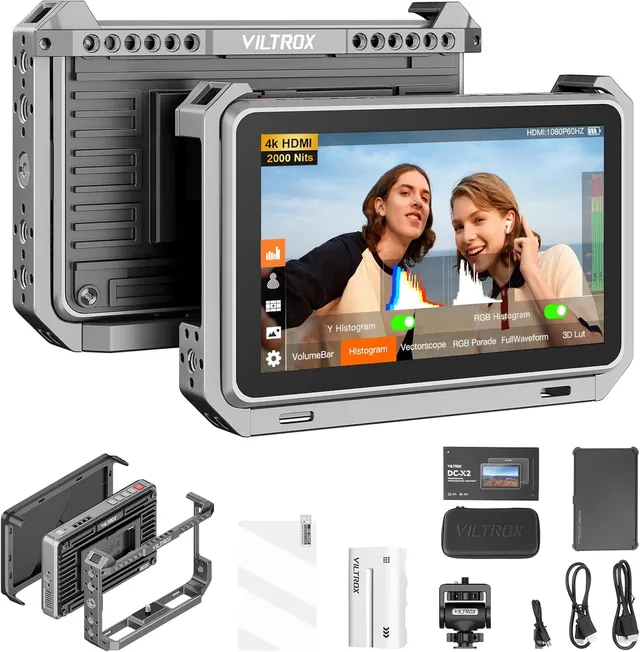VILTROX DC-X2 DCX2 Camera Moniteur Externe Rig Cage 4K pour Caméra Moniteur HD 6 Pouces 2000Nit Caméra HDMI,Full HD 1920x1080 IPS,3D LUT avec Batterie,Pare-Soleil pour DSLR Sony Canon Nikon