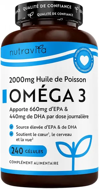 Omega 3 Huile de Poissons 2000mg - 240 Gélules (120 Jours) - Haute Concentration en EPA (660mg) & DHA (440mg) Soutien Fonction Cardiaque et une Vision Normale - Fabriqué par Nutravita