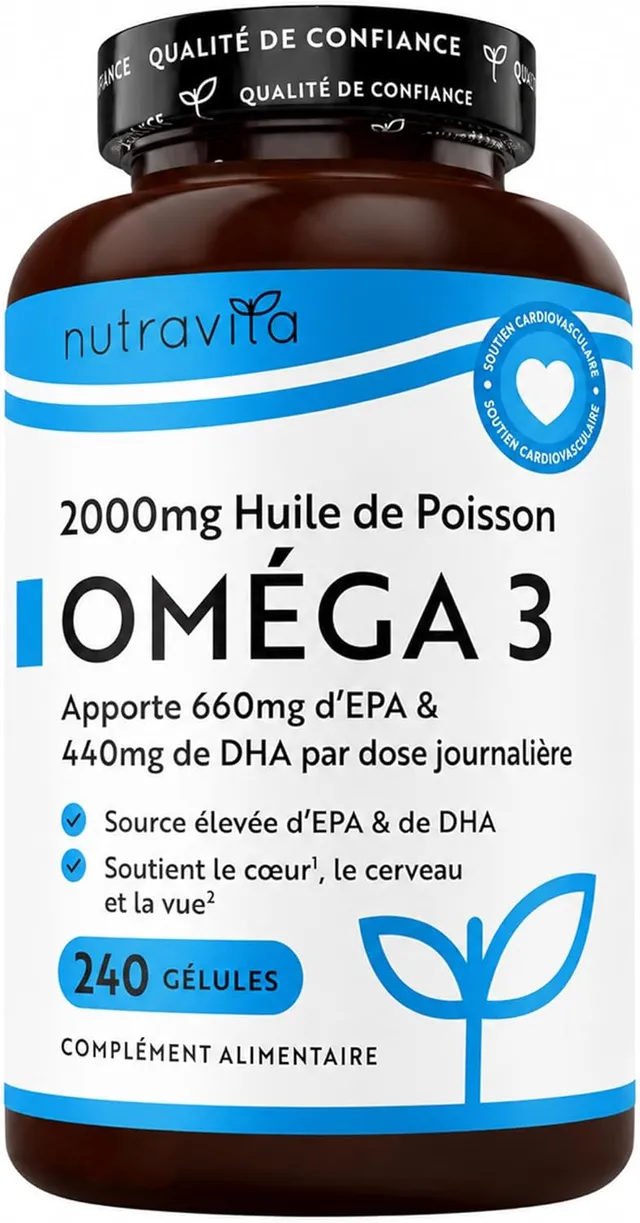 Omega 3 Huile de Poissons 2000mg - 240 Gélules (120 Jours) - Haute Concentration en EPA (660mg) & DHA (440mg) Soutien Fonction Cardiaque et une Vision Normale - Fabriqué par Nutravita