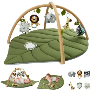 Blissful Diary Tapis d'éveil Bébé avec Arche Amovible, Forme des Feuilles Tapis Éveil Bébé 6 Jouets - Développement Sensoriel et Moteur Progressif, Enfant, Fille et Garçon, Vert Forêt