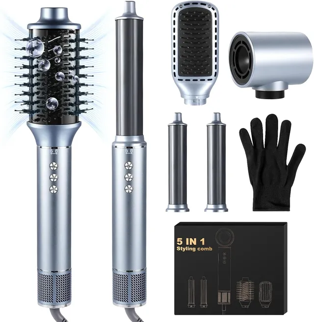 Air Brush 5 en 1 Hair Styler Airbrush,1400W Seche Cheveux avec Airbrush Cheveux,Brosse Lissante,Fer a Boucler, pour Sécher, Boucler, Lisser, Femmes,200 Millions d'ions Négatifs (Gris)