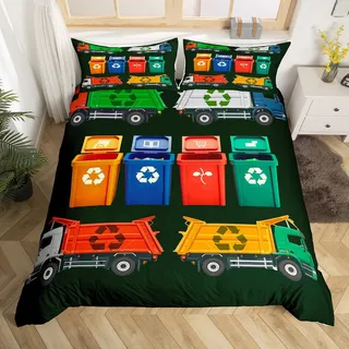Homewish Housse de Couette 140x200 Garcon Camion À Ordures, Parure de Lit Enfant Camion de Recyclage, Sets de Housses de Couettes Poubelle Imprimée, Couvre Lit Véhicule Voiture, Microfibre