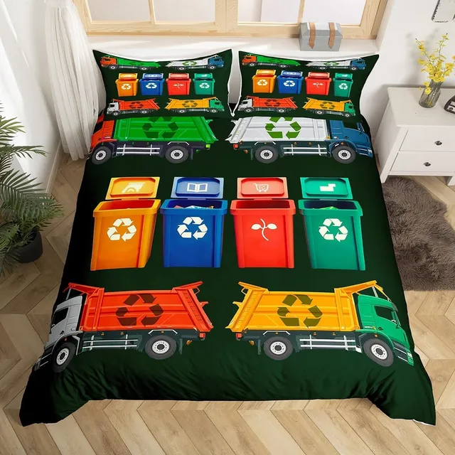 Homewish Housse de Couette 140x200 Garcon Camion À Ordures, Parure de Lit Enfant Camion de Recyclage, Sets de Housses de Couettes Poubelle Imprimée, Couvre Lit Véhicule Voiture, Microfibre