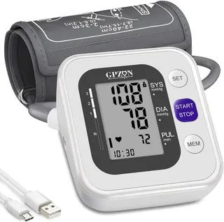 GPZON Tensiomètre Électronique Professionnel Pour Le Haut du Bras, Manchette ajustable 22cm-42cm, Mémoire 2x120, Blanc