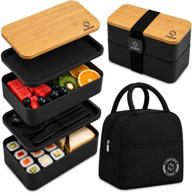 zaraf Bento Lunch Box 2 Couches Boite Repas Compartiment 1200 ml Lunchbox Hermétique avec Couverts Kit et Sac Isotherme Repas Boite Bento pour Adultes Enfants (1200, Millilitres)