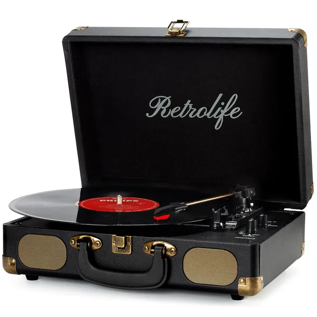 Retrolife Platine Vinyle 3 Vitesses Bluetooth Valise Portable, Noir Vintage