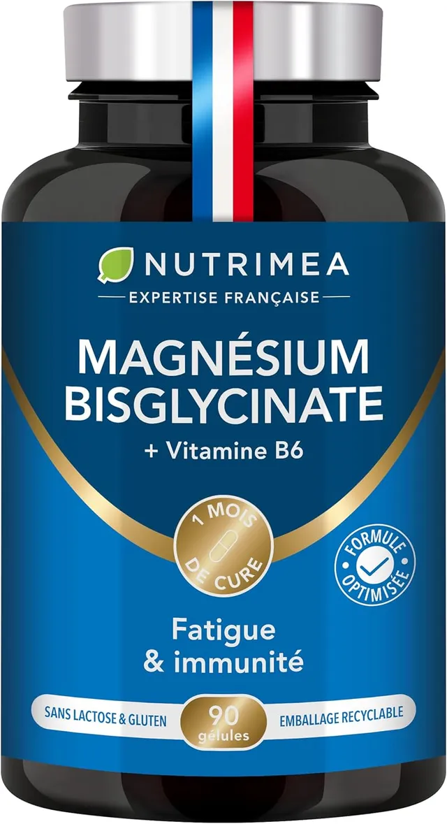 Magnésium Bisglycinate + Vitamine B6 - Sommeil, Stress, Fatigue - Absorption Maximale & Assimilation Facilitée - 90 Gélules Vegan - Nutrimea - Fabriqué en France