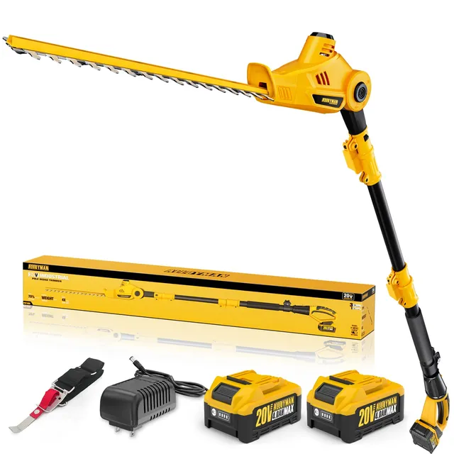 Alloyman Taille-Haie sans Fil Télescopique 20V Max sur Perche, Lame 40 cm, 2 Batteries 4,0 Ah et Chargeur, Manche Réglable 2,4 m pour Haies et Arbustes