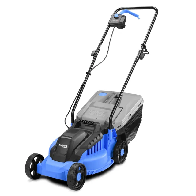 KANWOD Tondeuse à Gazon électrique 1200 W, Largeur de Coupe 34 cm, Bac Ramassage 30 L, Hauteur de Coupe Réglable sur 3 Niveaux de 30 à 70 mm, Idéal pour pelouse jusqu'à 500 m², Gris/Bleu