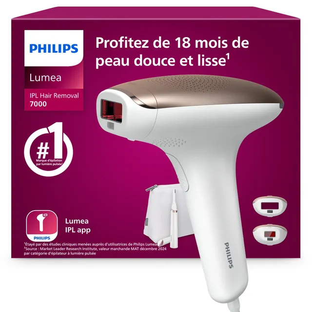 Philips Lumea série 7000, Épilateur à lumière pulsée, alternative à l'épilation laser, avec tondeuse-stylo Satin Compact, 2 embouts pour le corps et le visage, modèle BRI921/00