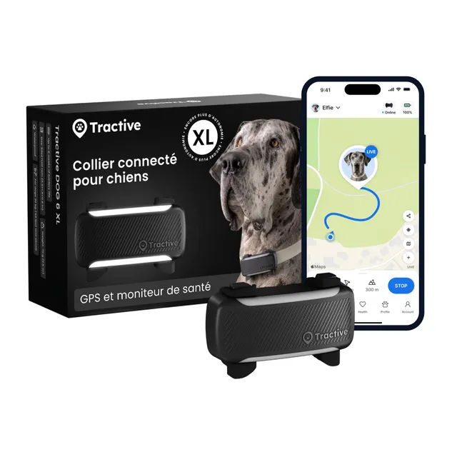 Tractive – Collier GPS Chien Connecté XL | Édition 2026 | Suivi GPS en Direct | Alertes Anti-Fugue et de Santé | Moniteur de Signes Vitaux | Grande Autonomie (Noir)