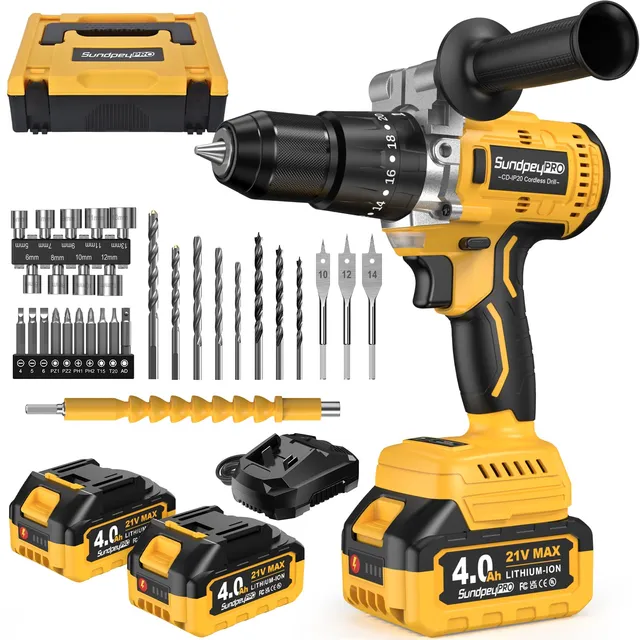 SundpeyPRO Perceuse Percussion Sans Fil 120Nm - 21V Brushless Perceuse Visseuse Sans Fil, 2 Batteries 4.0Ah, 20+3 Réglages de Couple pour Visseuse-Devisseuse, Mandrin 13mm, 2 Vitesses, 35 Accessoires