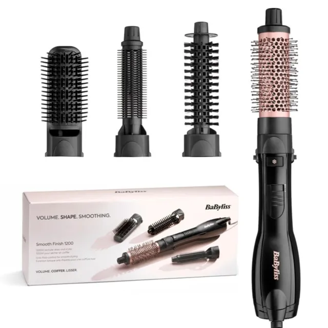 BaByliss Smooth Finish 1200 – Brosse Soufflante 4‑en‑1 pour Sécher, Lisser, Donner du Volume & Coiffer, Technologie Ionique & Céramique, 4 Accessoires, 1200W, Noir/Rose, AS122E