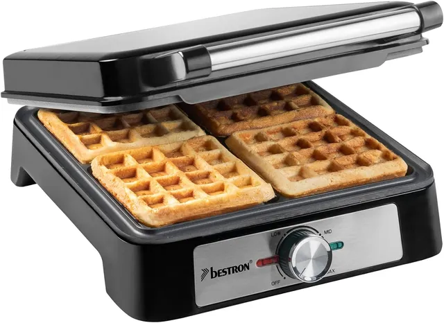 Bestron Gaufrier pour gaufres belges, pour 4 gaufres, dimensions : 10 x 10 cm, épaisseur : 1,5 cm, thermostat en continu et témoin lumineux, convient pour les familles ou Pâques, couleur : argenté