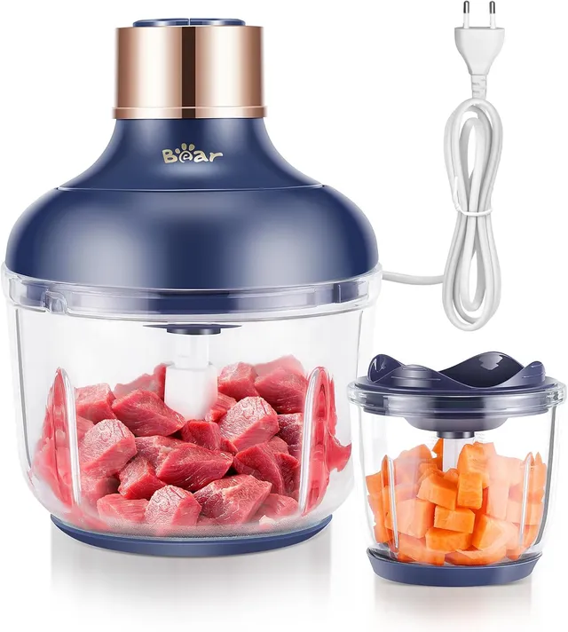 Bear 0,6l + 2L Hachoir Electrique Bol Préparation, Hachoir Multifonction 2 Vitesses, 4 Lames Acier Inoxydable, avec récipient en verre,Base AntidéRapante, Pour Viande, LéGumes, Fruits, Fruit Sec