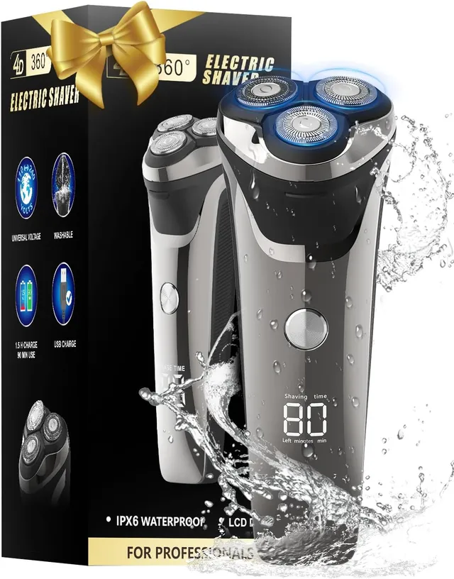 Men's Electric Shaver with LCD Display, 4D Floating Head, IPX7 Waterproof for Wet and Dry Shaving, USB Rechargeable Men's Beard Shaver with Retractable Trimmer, Wireless Shaver (Electroplated Silver)