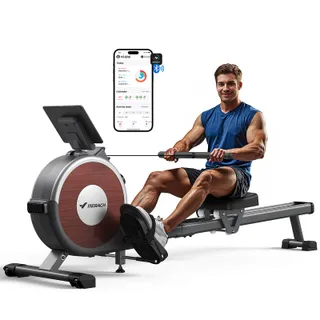 MERACH Rameur Musculation D'appartement, 16 Niveaux de Résistance, Rameur Magnétique Silencieux avec APP Exclusive, Rails Doubles Améliorés pour Plus de Stabilité, Assemblage Facile(Gris)