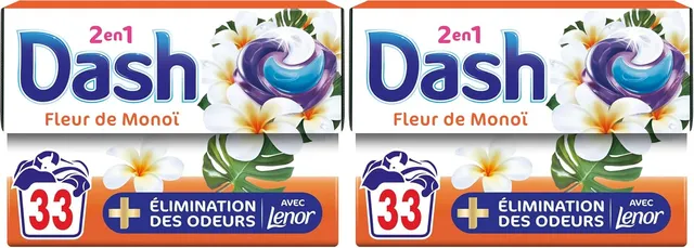 Dash 2en1 PODS, Lessive En Capsule, 33 Lavages, Parfum Fleur de Monoi, 3 Semaines De Fraîcheur* Avec L’Adoucissant Lenor, Fabriqué En France (Lot de 2)