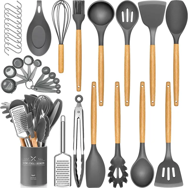 Batterie de cuisine 34 pièces en silicone résistant à la chaleur avec poignées de qualité, spatules antiadhésives, ustensiles de cuisine pour la cuisson et la pâtisserie