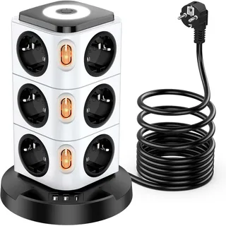 Acodot Multiprise Electrique, 12 Compartiments Multiprise avec USB, Multi Prise de Protection Contre Les Surtensions Tower avec 4 Interrupteurs, Veilleuse Design Originale et USB-A, USB-C Câble 3M