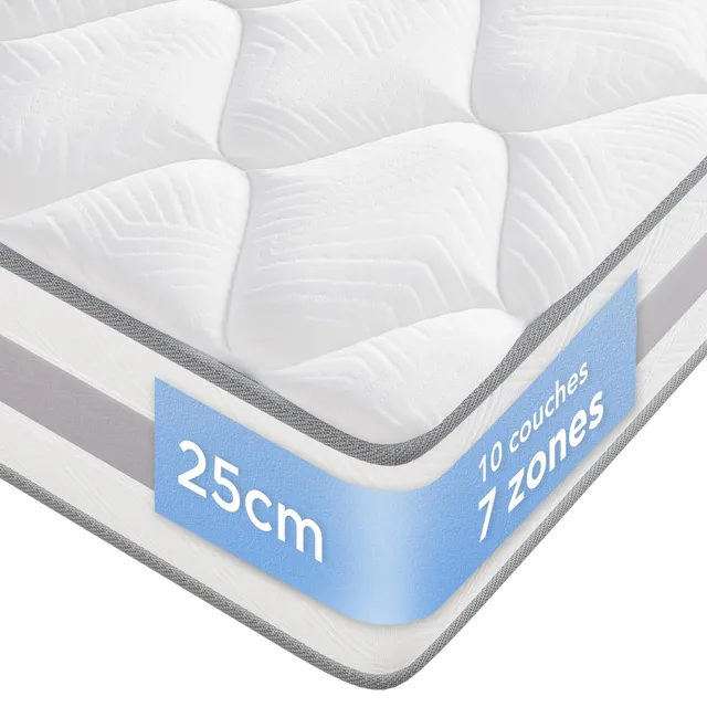 INMOKO Matelas 140x190x25 cm à Ressorts Ensachés, Mousse à Mémoire de Forme, Soutien Ergonomique 7 Zones, Respirante, Réversible, Fermeté Moyenne (H3/H4), Confort Équilibré, Sommeil Réparateur