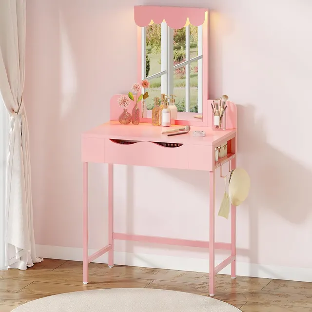 Coiffeuse avec éclairage, tiroirs en Tissu avec Miroir, tiroirs en Miroir, luminosité réglable, Coiffeuse avec Portes, Table de Maquillage avec Plateau à Bijoux, étagères réglables, Couleur Bois