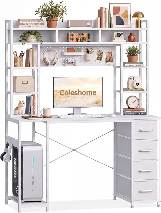 Coleshome Bureau avec Panneau Perforé et Étagère, 120 x 50 cm, Blanc