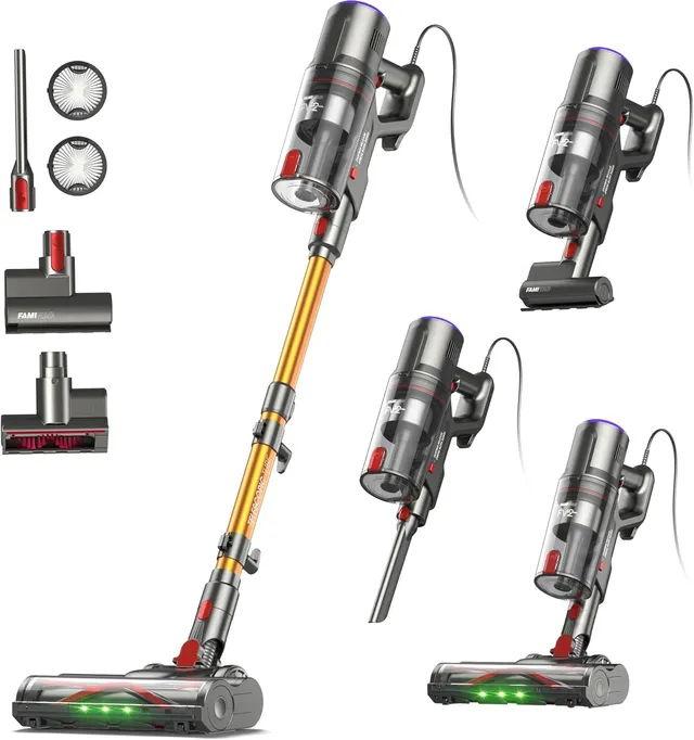 FAMIVAC FV2 Aspirateur Balai avec Fil, 65Kpa/600W Aspirateur sans Sac Puissant, Brosse Matelas, 1,3KG Léger, Câble 7M, 1,5L, Brosse Anti-Enroulement & Autoportante pour Tapis, Sols, Poils d’Animaux
