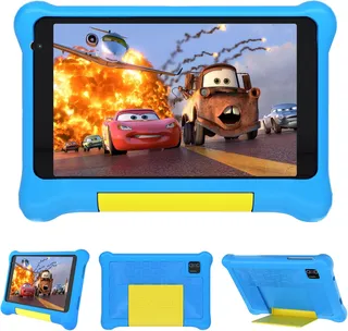 Gleeso Tablette pour enfants 7 pouces sous Android avec contrôle parental, cartes TF 32 Go + 128 Go, logiciel pour enfants préinstallé, double caméra, livrée avec une coque de protection antichoc (ble
