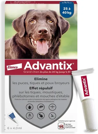 Advantix Grand Chien entre 25 et 40 kg – Pipettes pour chien contre 6 parasites – Traitement et protection pour votre chien pendant 4 semaines – 6 x 4,0 ml