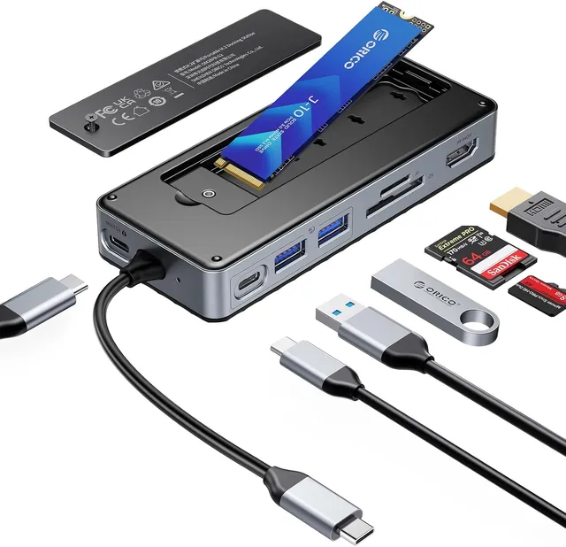ORICO 8-en-1 Station d'accueil USB C avec Boîtier SSD M.2, Hub USB C avec SSD M.2 NVMe/SATA, Adaptateur Multiports USB 10Gbps, HDMI 4K@60Hz, 100W PD, SD/TF, Docking Station - OM28P