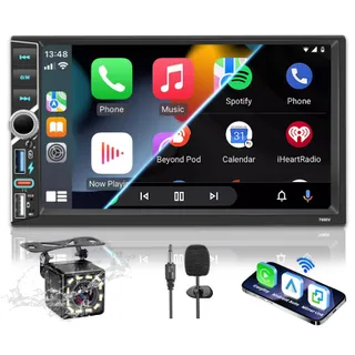 Autoradio 2 DIN BT Autoradio Car Play Voiture avec sans Fil carplay & Android Auto,Double Din 7 Pouces HD Écran Tactile,RDS Radio FM/Type C/Charge Rapide/Microphone/Caméra de recul