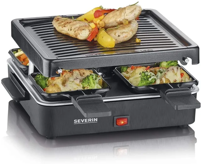 SEVERIN Raclette Gril 4 pers., Compacte, Plaque Anti-adhésive 21 X 21 cm, Inclus 4 Poêlons, Revêtement Anti-adhésif, Noir, RG 2370