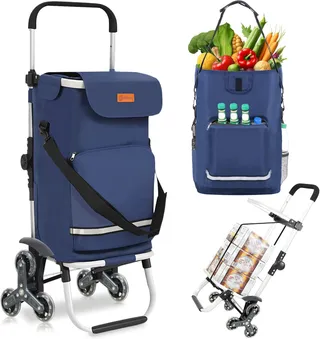 Sekey Chariot de Courses 3 Roues Monte Escalier Pliable 3 en 1, Caddie Isotherme avec Sac Amovible, Diable et Trolley, Grande Capacité, Léger et Solide, Idéal Courses et Seniors – Bleu