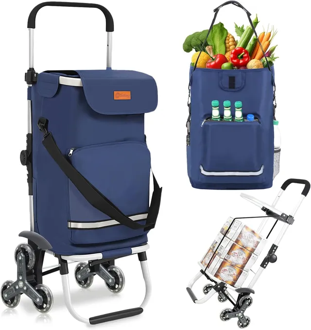 Sekey Chariot de Courses 3 Roues Monte Escalier Pliable 3 en 1, Caddie Isotherme avec Sac Amovible, Diable et Trolley, Grande Capacité, Léger et Solide, Idéal Courses et Seniors – Bleu