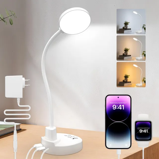 ZAPLIT 15W Lampe de Bureau LED avec Ports USB-A & USB-C - Dimmable, 3 Températures de Couleur, 5 Niveaux de Luminosité, 4 Minuteries, Cou 360° Flexible, Confort Visuel, pour Bureau et Chambre