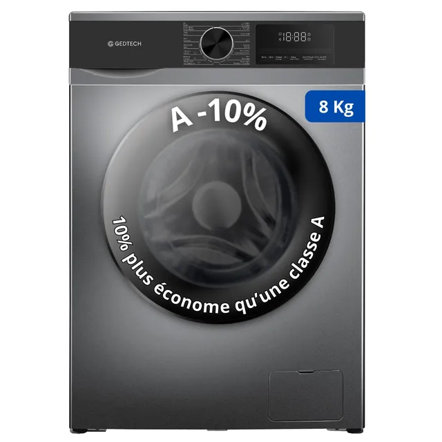 Lave-linge frontal GEDTECH GLL81400BL - 8 Kgs - 1400 tr/mn - 16 programmes - Eco - Intensif - Rapide – Très Faible conso - Classe A-10%