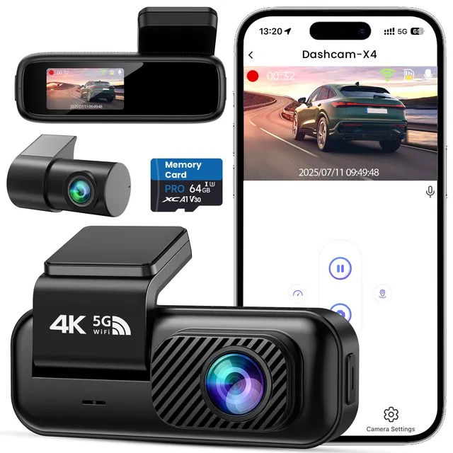 Dashcam Voiture Avant Arrière 4K+1080P, Carte SD 64Go, Vision Nocturne, WDR