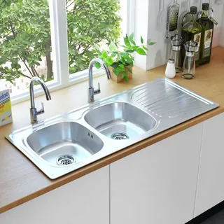 Festnight Evier Cuisine 2 Bacs,Evier INOX,Evier Cuve Double,Evier Cuisine,Évier de Cuisine INOX,avec crépine et piège Acier inoxydable-120 x 50 x 16 cm-