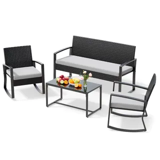 Xbro Salon de Jardin 4 Pièces en Résine Tressée avec Fauteuil Double, 2 Fauteuils à Bascule et Table Basse en Verre, Mobilier d’Extérieur pour Terrasse et Balcon, Coussins Déhoussables Gris