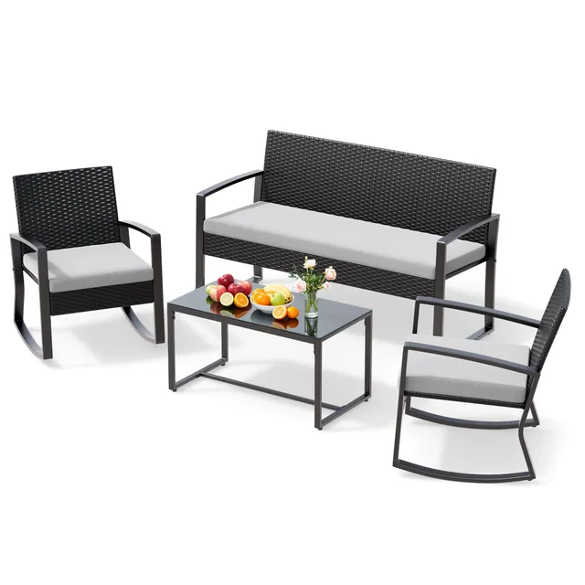 Xbro Salon de Jardin 4 Pièces en Résine Tressée avec Fauteuil Double, 2 Fauteuils à Bascule et Table Basse en Verre, Mobilier d’Extérieur pour Terrasse et Balcon, Coussins Déhoussables Gris