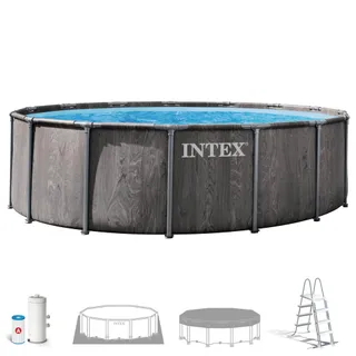 Intex - 26742ND - Kit Piscine Baltik Ronde Tubulaire 4,57 x 1,22 - Gris Foncé Imitation Bois