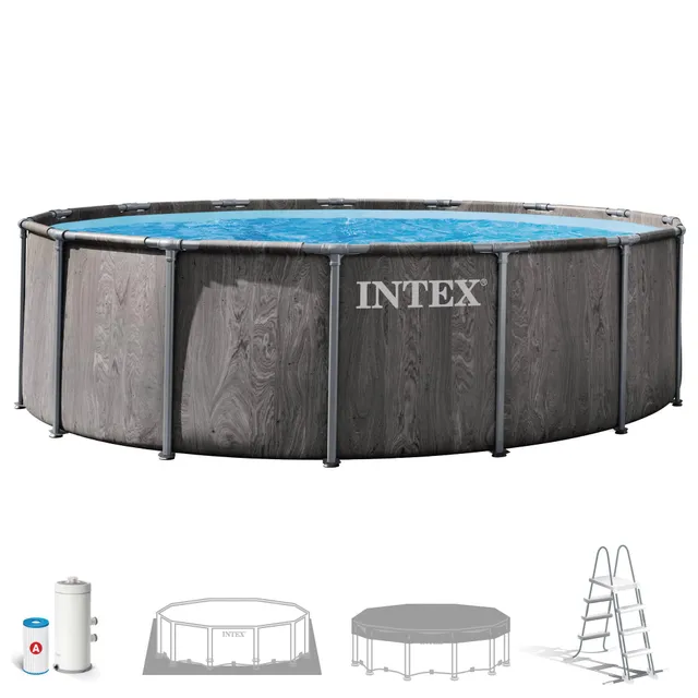 Intex - 26742ND - Kit Piscine Baltik Ronde Tubulaire 4,57 x 1,22 - Gris Foncé Imitation Bois