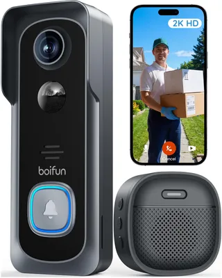 BOIFUN 2K Sonnette sans Fil Exterieur Etanche, Grand Angle de 166°, Noir